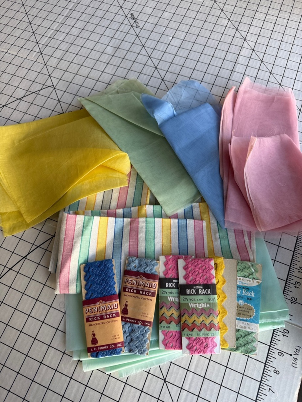 Vintage Fabric Lot Organdy Rick Rack Striped Cotton Mint Green Sewing Bundle